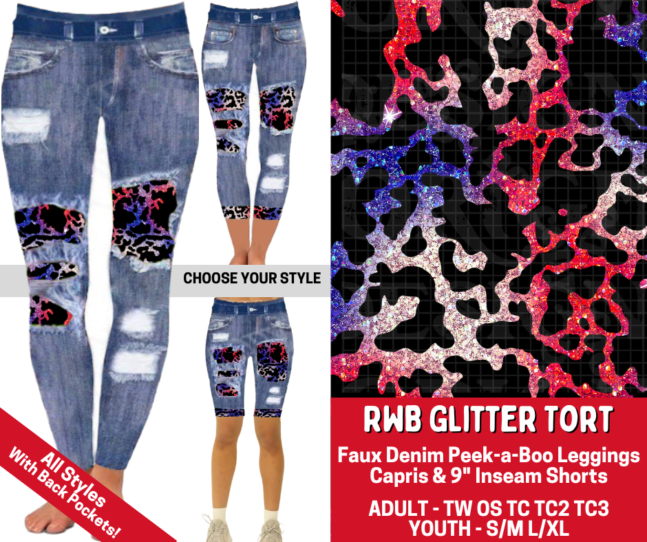 Preorder! Closes 3/19. ETA June. RWB Glitter Tort Combo Faux Denim Peekaboo Legging Lengths