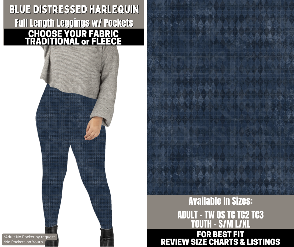 Preorder! Closes 12/1. ETA Feb. Blue Distressed Harlequin Leggings Choose Fleece or Traditional