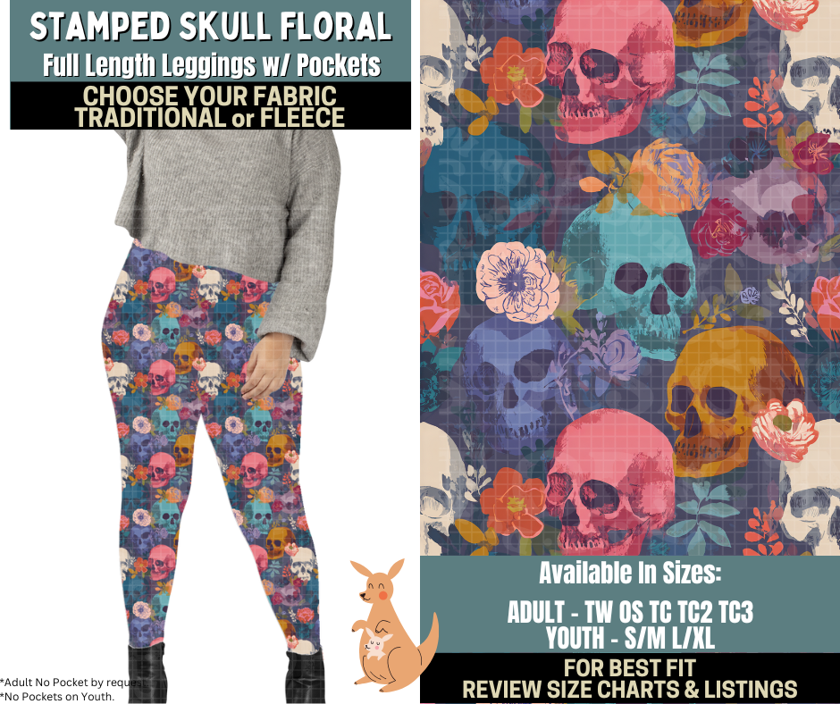 Preorder! Closes 10/2. ETA Dec. Stamped Skull Floral Leggings Choose Fleece or Traditional