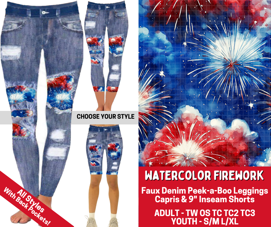 Preorder! Closes 3/19. ETA June. Watercolor Firework Combo Faux Denim Peekaboo Legging Lengths