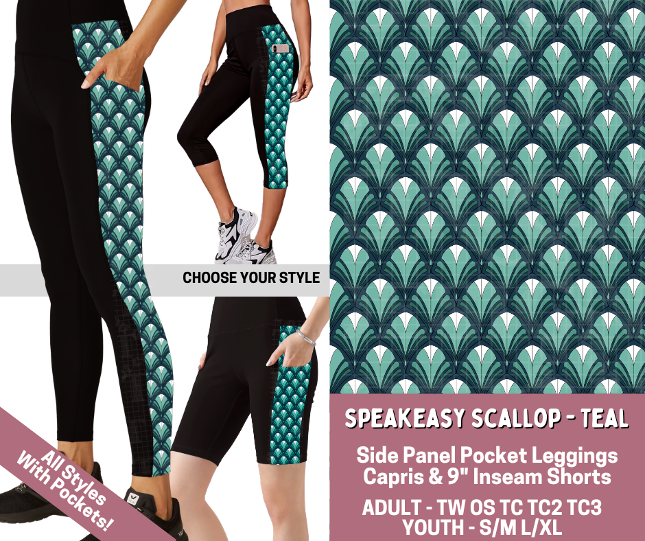 Preorder! Closes 6/4. ETA Sept. Speakeasy Scallop - Teal Combo Side Panel Legging Lengths