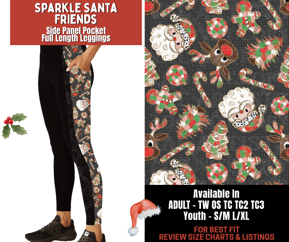 Preorder! Closes 9/24. ETA Dec. Sparkle Santa Friends Side Panel Pocket Full Length Leggings