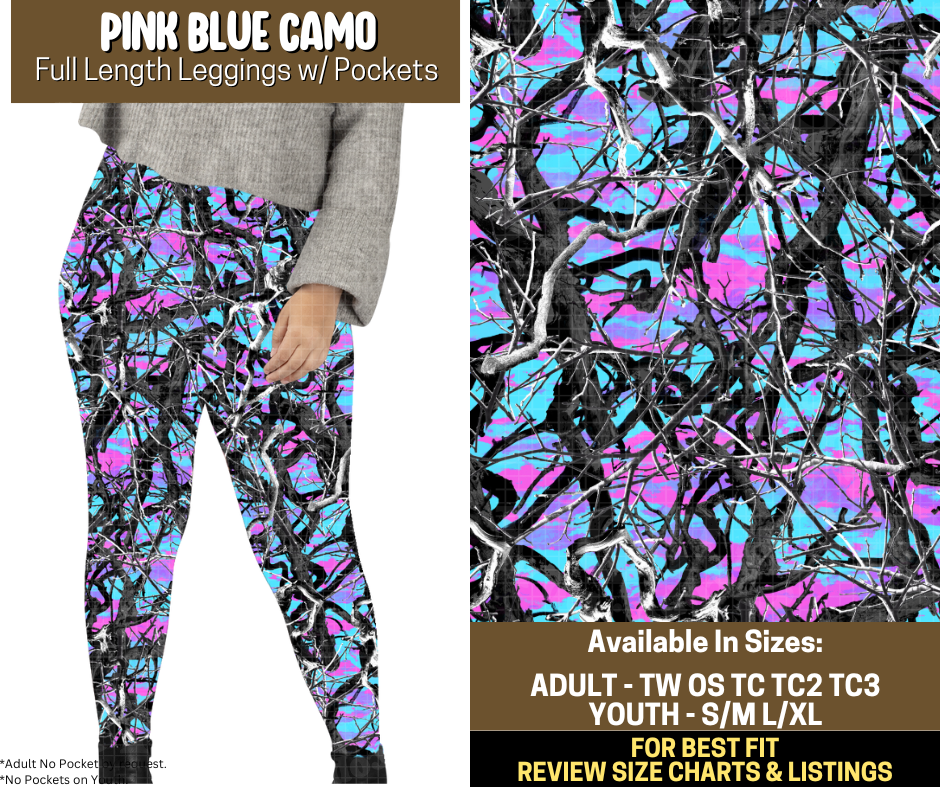 Preorder! Closes 9/12. ETA Dec. Pink Blue Camo Full Length Leggings w/wo Pockets