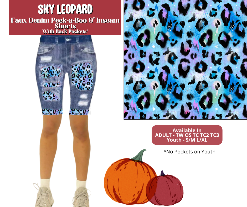 Preorder! Closes 6/30. ETA Sept. Sky Leopard Faux Denim Peekaboo Jamaica Shorts