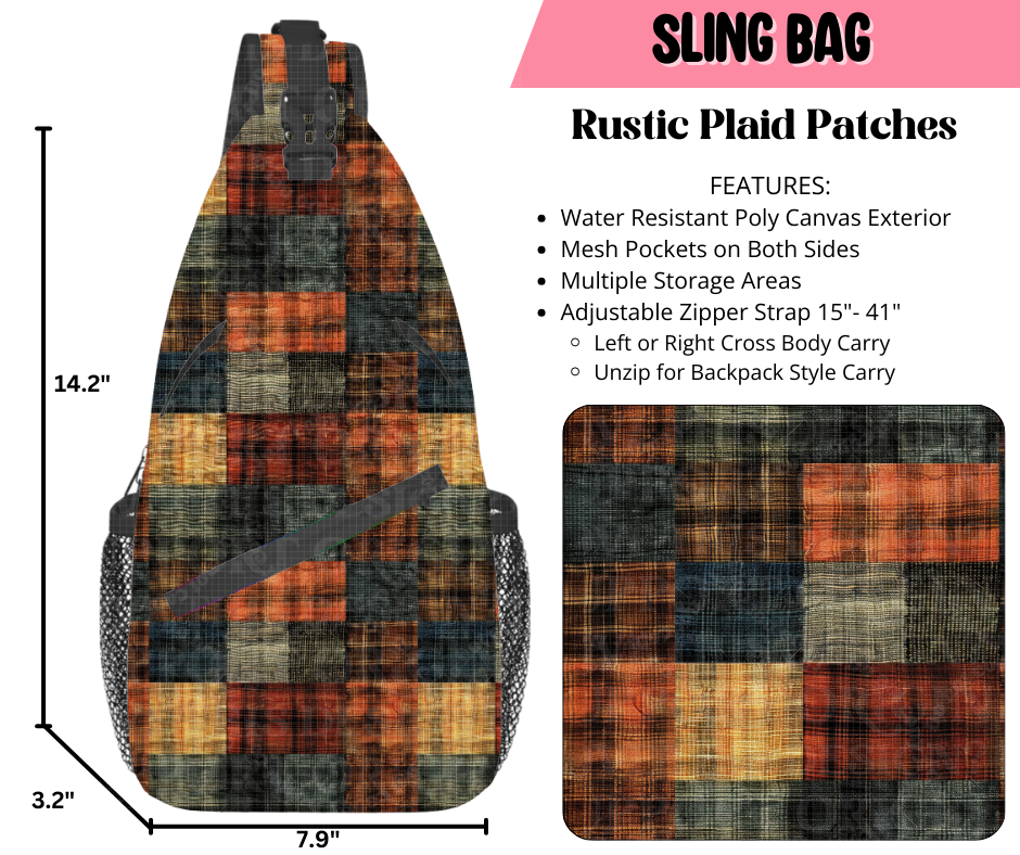 Preorder! Closes 9/17. ETA Dec. Rustic Plaid Patches Sling Bag
