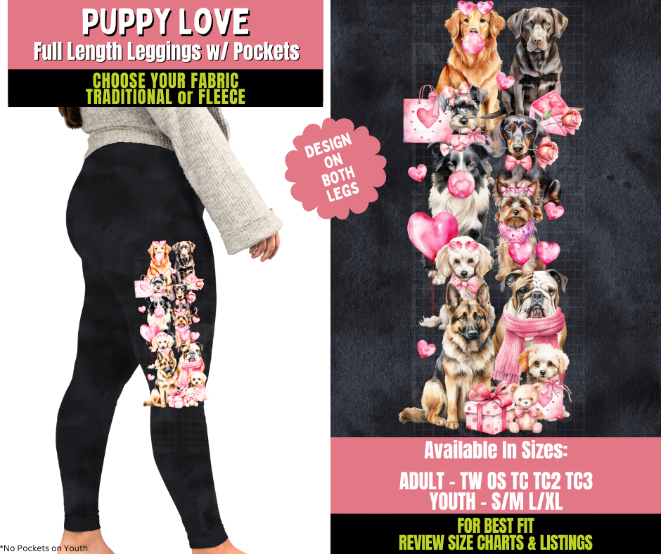 Preorder! Closes 11/20. ETA Jan. Puppy Love Watercolor Leggings w/ Side Leg Designs Choose Fleece or Traditional