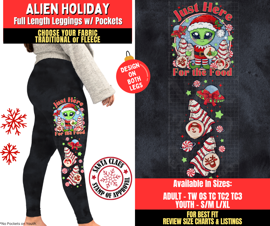 Preorder! Closes 8/27. ETA Nov. Alien Holiday Watercolor Leggings w/ Side Leg Designs Choose Fleece or Traditional