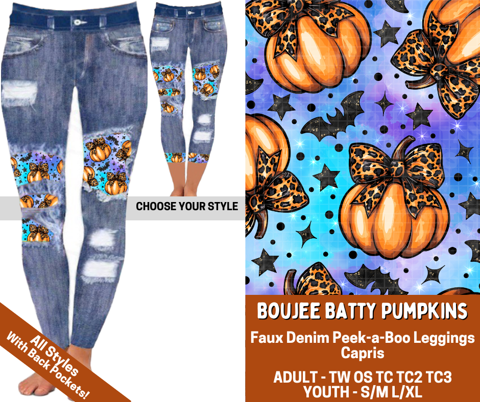 Preorder! Closes 7/13. ETA Oct. Boujee Batty Pumpkins Combo Faux Denim Peekaboo Legging Lengths