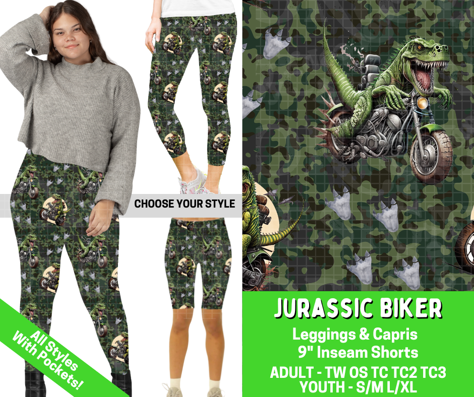 Preorder! Closes 2/25. ETA May. Jurassic Biker Combo Legging Lengths