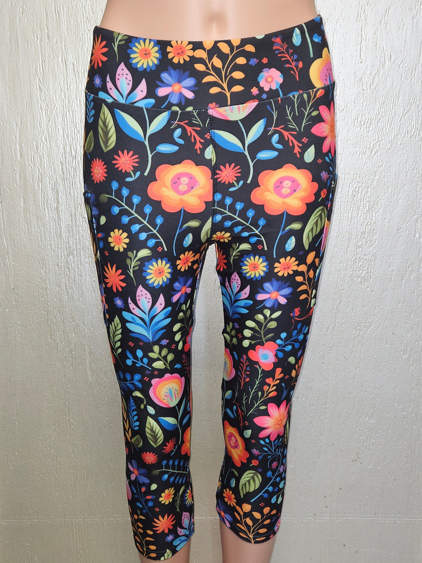 Mexican Floral On Black 14 capris and bike shorts