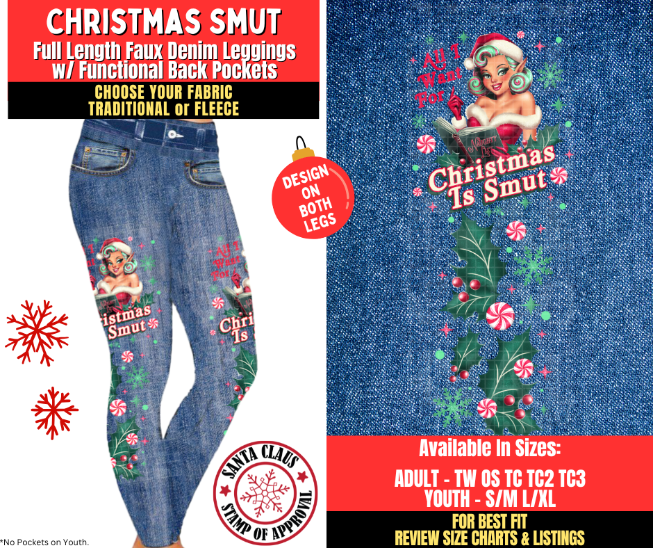 Preorder! Closes 8/27. ETA Nov. Christmas Smut Faux Denim Leggings w/ Side Leg Designs Choose Fleece or Traditional