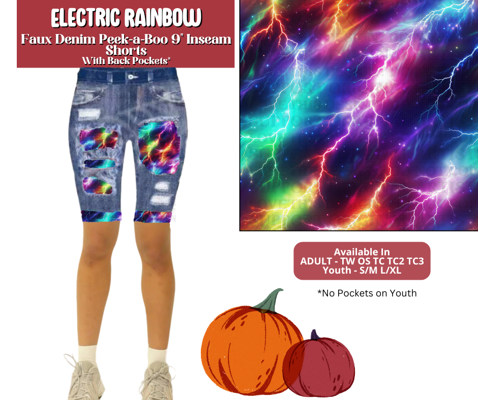Preorder! Closes 6/30. ETA Sept. Electric Rainbow Faux Denim Peekaboo Jamaica Shorts