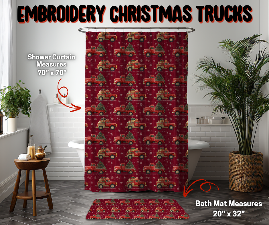 Preorder! Closes 9/8. ETA Dec. Embroidery Christmas Trucks Ornaments Custom Shower Curtain and/or Bath Mat
