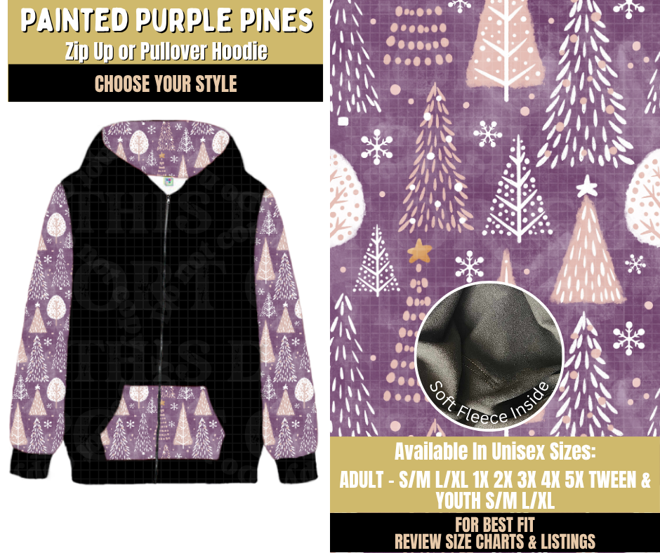 Preorder! Closes 9/9. ETA Dec. Painted Purple Pines Zip-Up or Pullover Hoodie