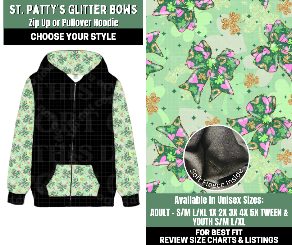 Preorder! Closes 12/4. ETA Feb. St. Patty's Glitter Bows Zip-Up or Pullover Hoodie