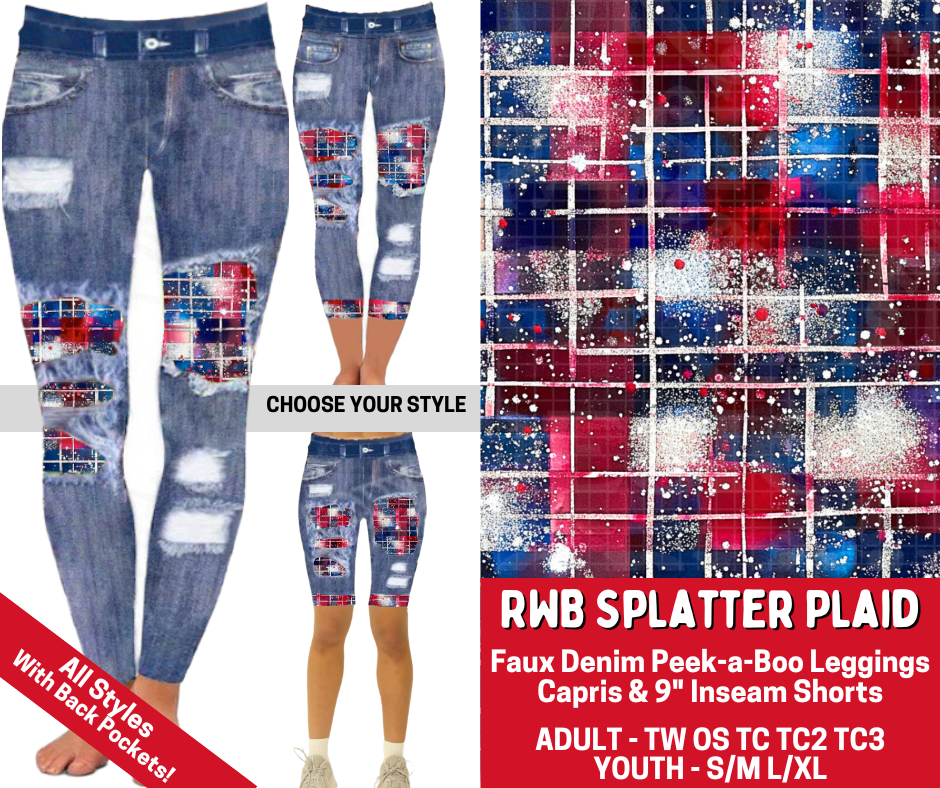 Preorder! Closes 3/19. ETA June. RWB Splatter Plaid Combo Faux Denim Peekaboo Legging Lengths