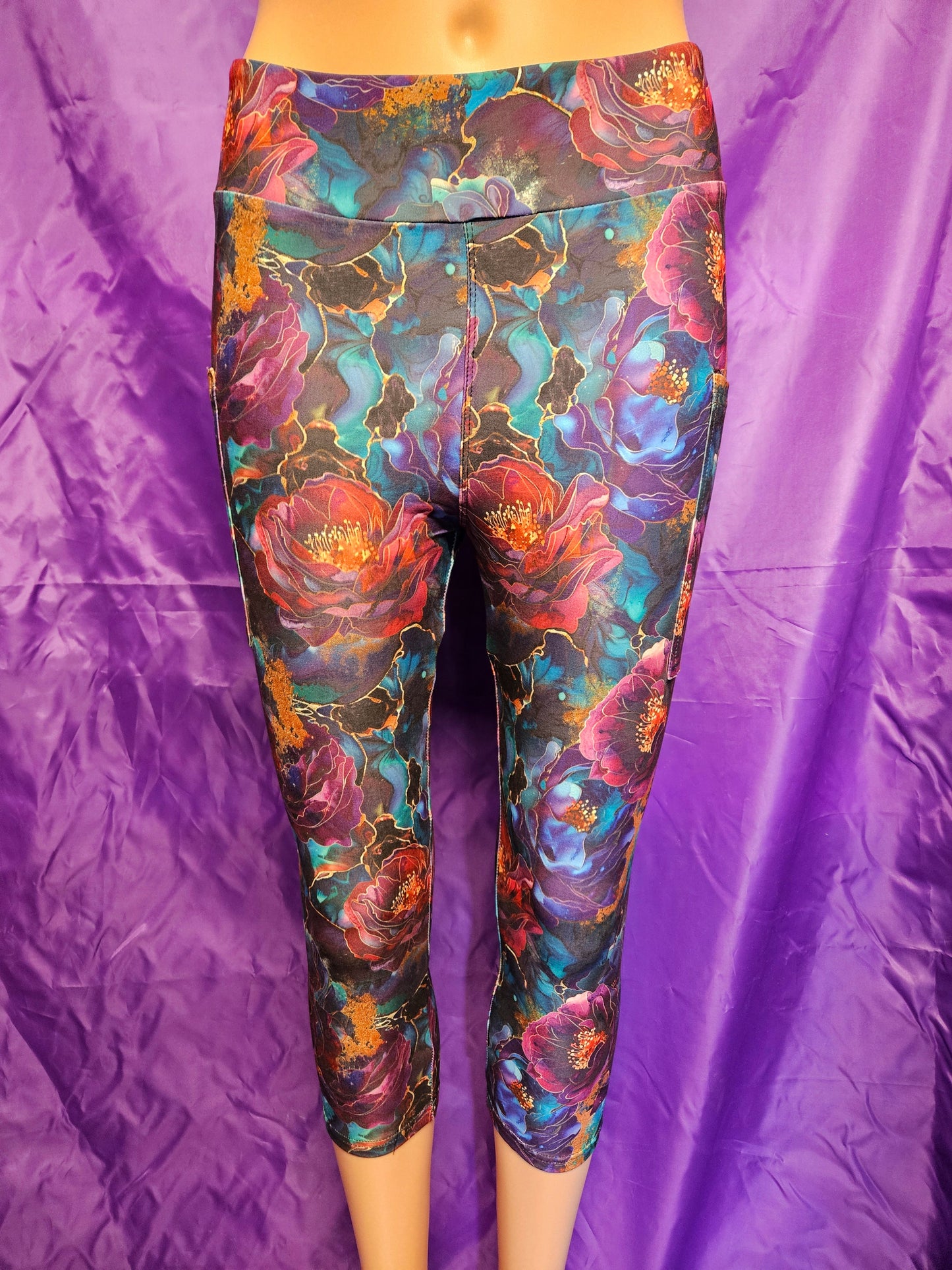 Burgundy Flower leggings, skorts, and capris with pockets