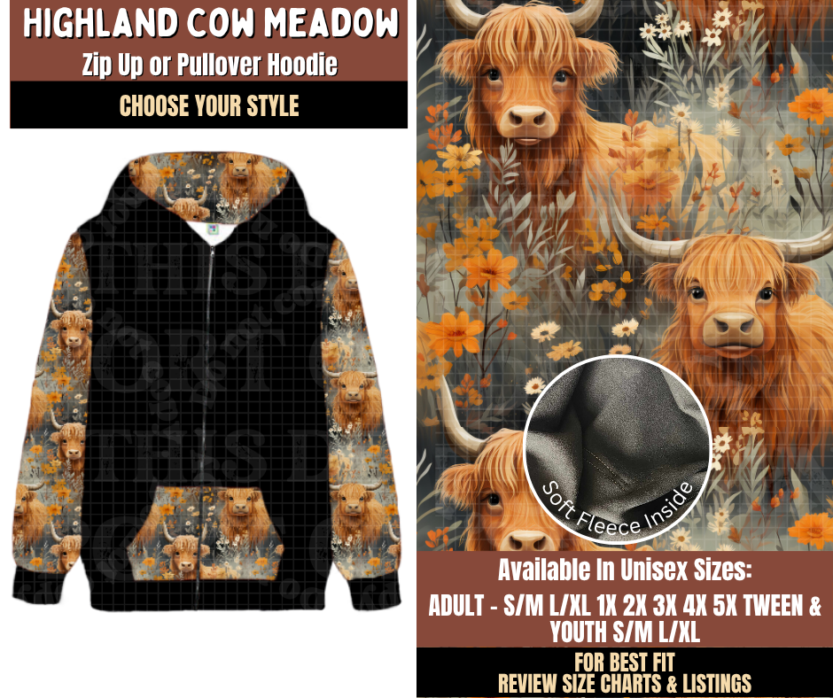 Preorder! Closes 7/27. ETA Oct. Highland Cow Meadow Zip-Up or Pullover Hoodie