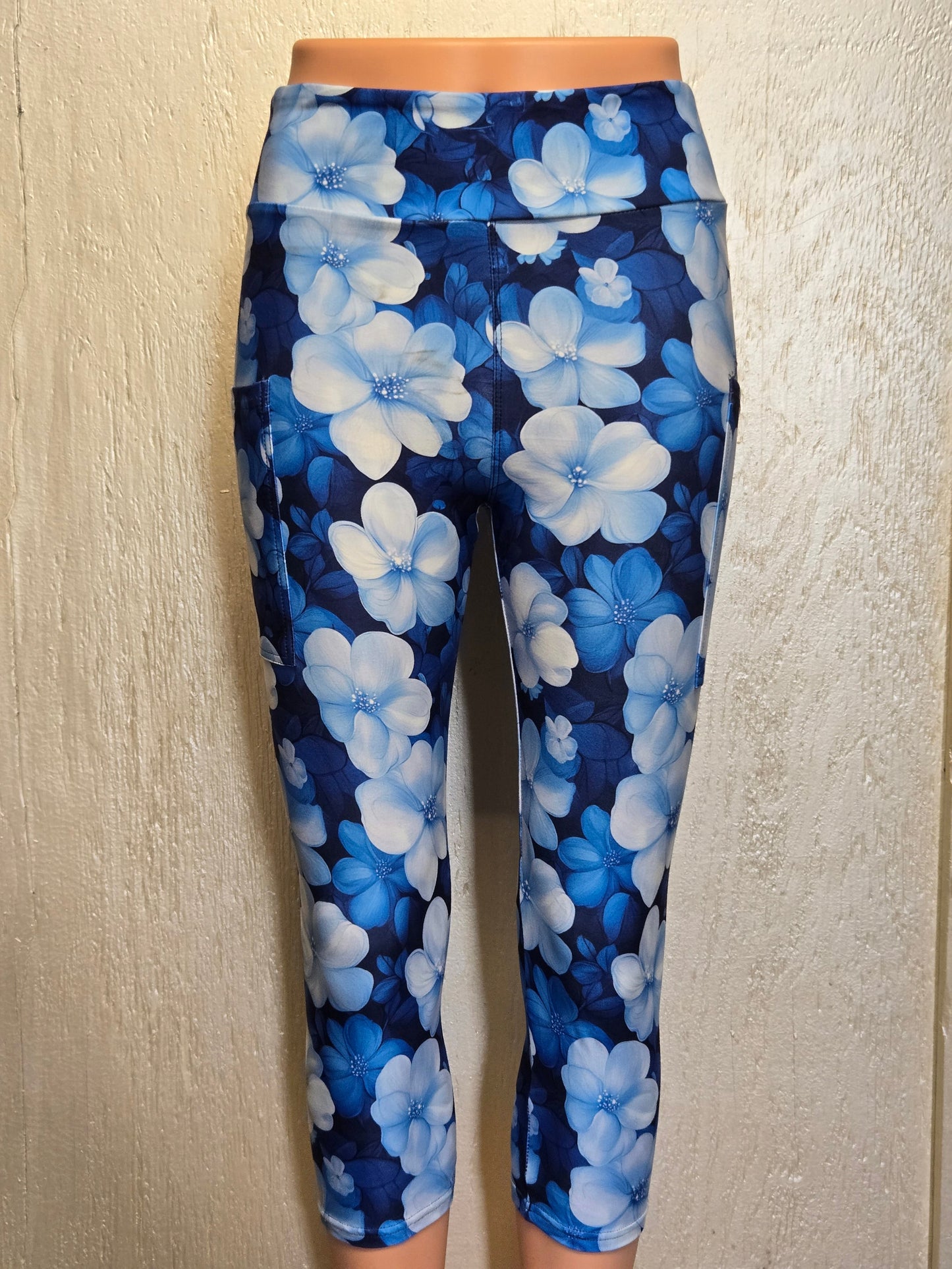 Blue and white floral capris leggings and skorts with pockets
