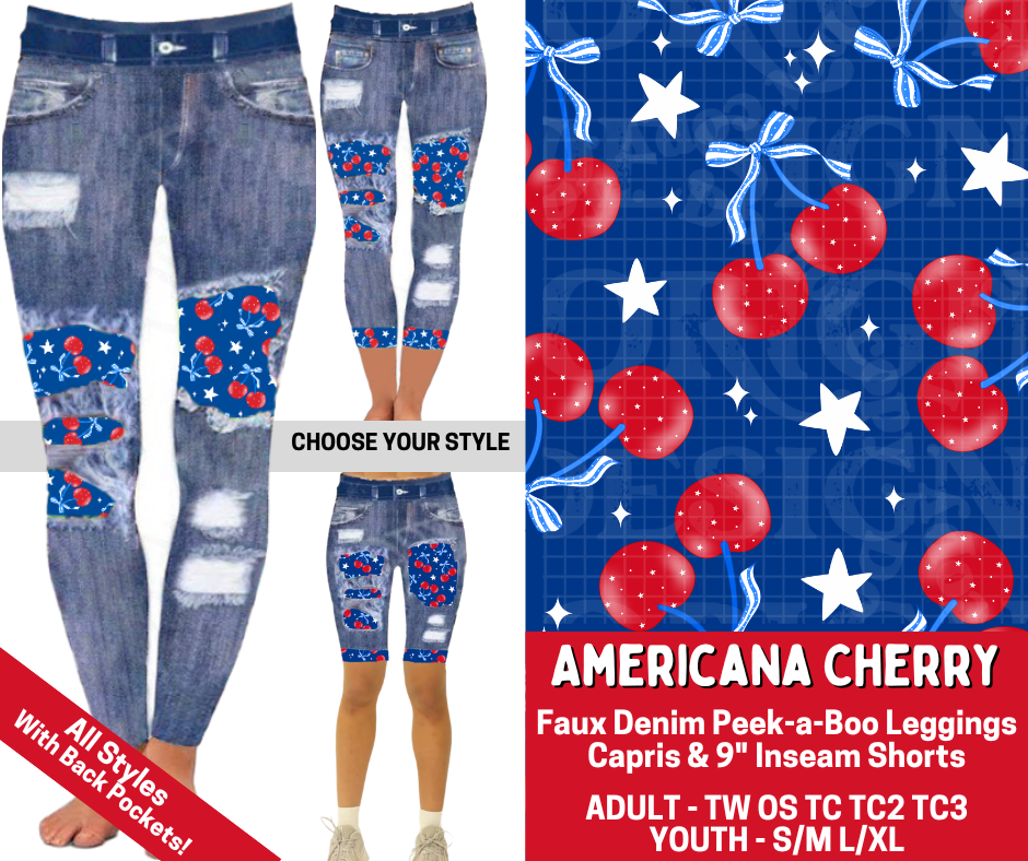 Preorder! Closes 3/19. ETA June. Americana Cherry Combo Faux Denim Peekaboo Legging Lengths