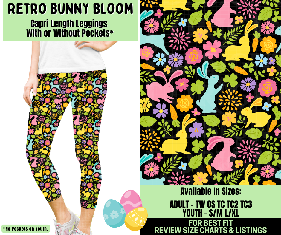Preorder! Closes 1/19. ETA April. Retro Bunny Bloom Capri Length Leggings w/wo Pockets
