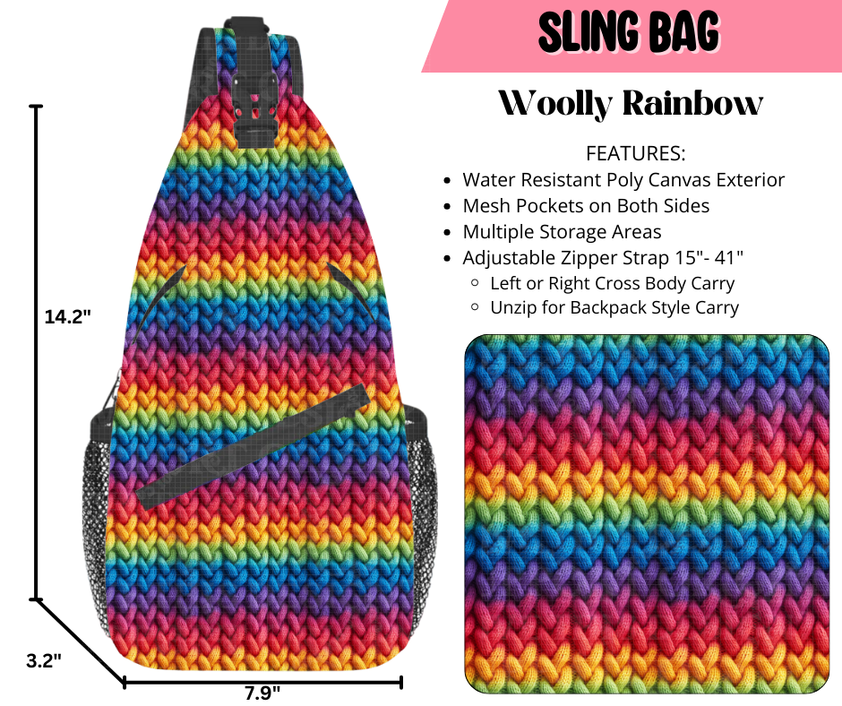 Preorder! Closes 9/17. ETA Dec. Woolly Rainbow Sling Bag