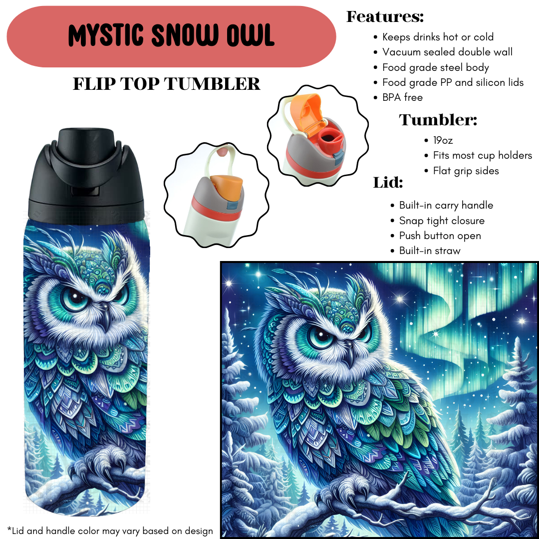 Preorder! Closes 9/18. ETA Dec. Mystic Snow Owl Cup Flip Top Tumbler