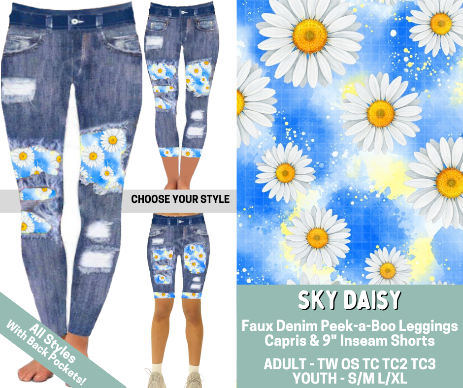 Preorder! Closes 5/20. ETA Aug. Sky Daisy Combo Faux Denim Peekaboo Legging Lengths