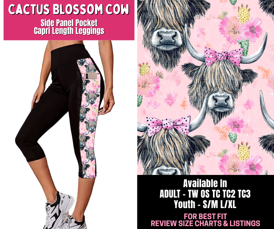 Preorder! Closes 1/1. ETA March. Cactus Blossom Cow Panel Pocket Capri Length Leggings
