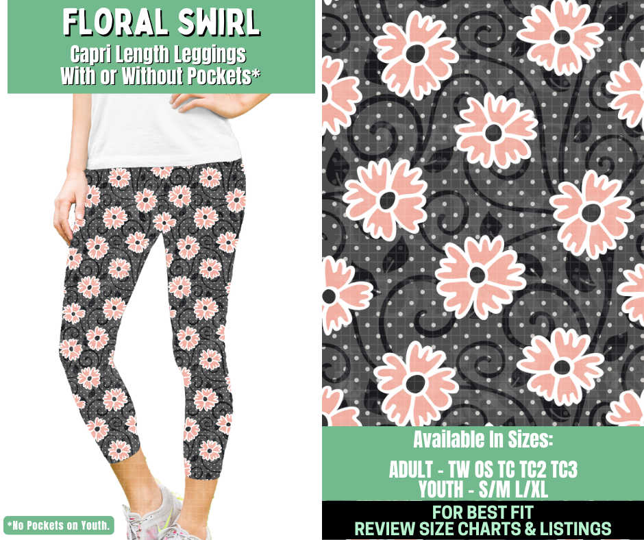 Preorder! Closes 1/7. ETA March. Floral Swirl Capri Length Leggings w/wo Pockets