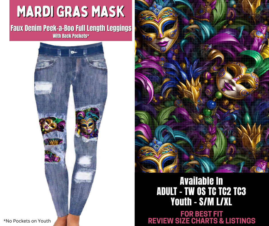 Preorder! Closes 11/10. ETA Jan. Mardi Gras Mask Full Length Faux Denim Peekaboo