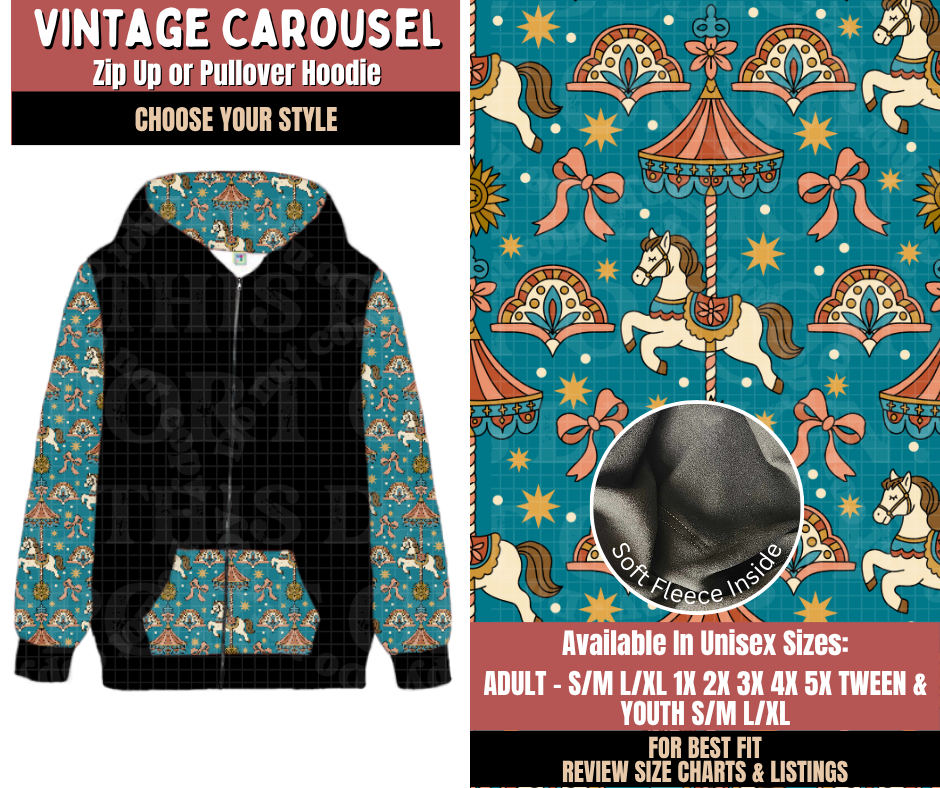 Preorder! Closes 10/22. ETA Jan. Vintage Carousel Zip-Up or Pullover Hoodie