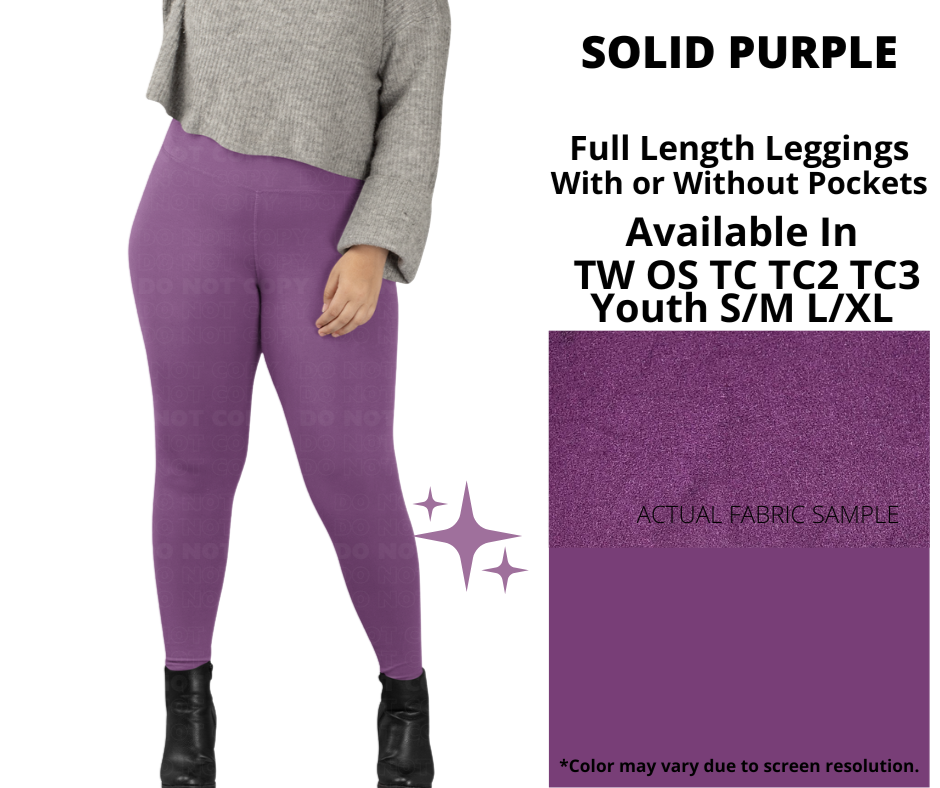 Preorder! Closes 1/14. ETA April. Solid Purple Full Length Leggings w/wo Pockets