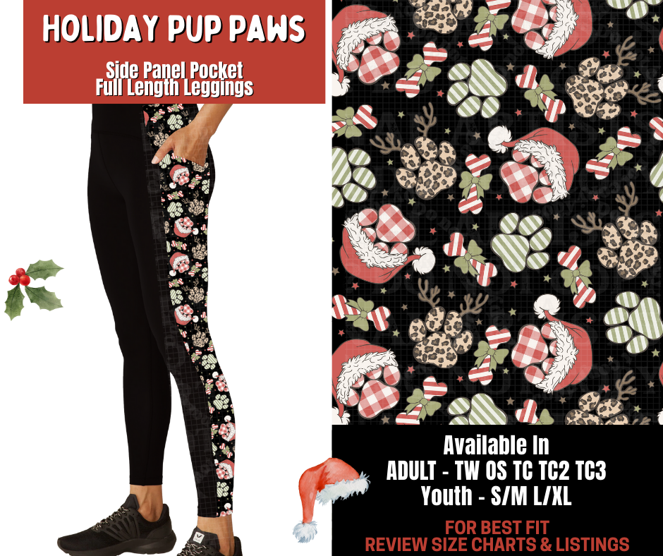 Preorder! Closes 9/24. ETA Dec. Holiday Pup Paws Side Panel Pocket Full Length Leggings