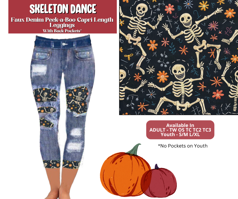 Preorder! Closes 6/30. ETA Sept. Skeleton Dance Capri Faux Denim Peekaboo