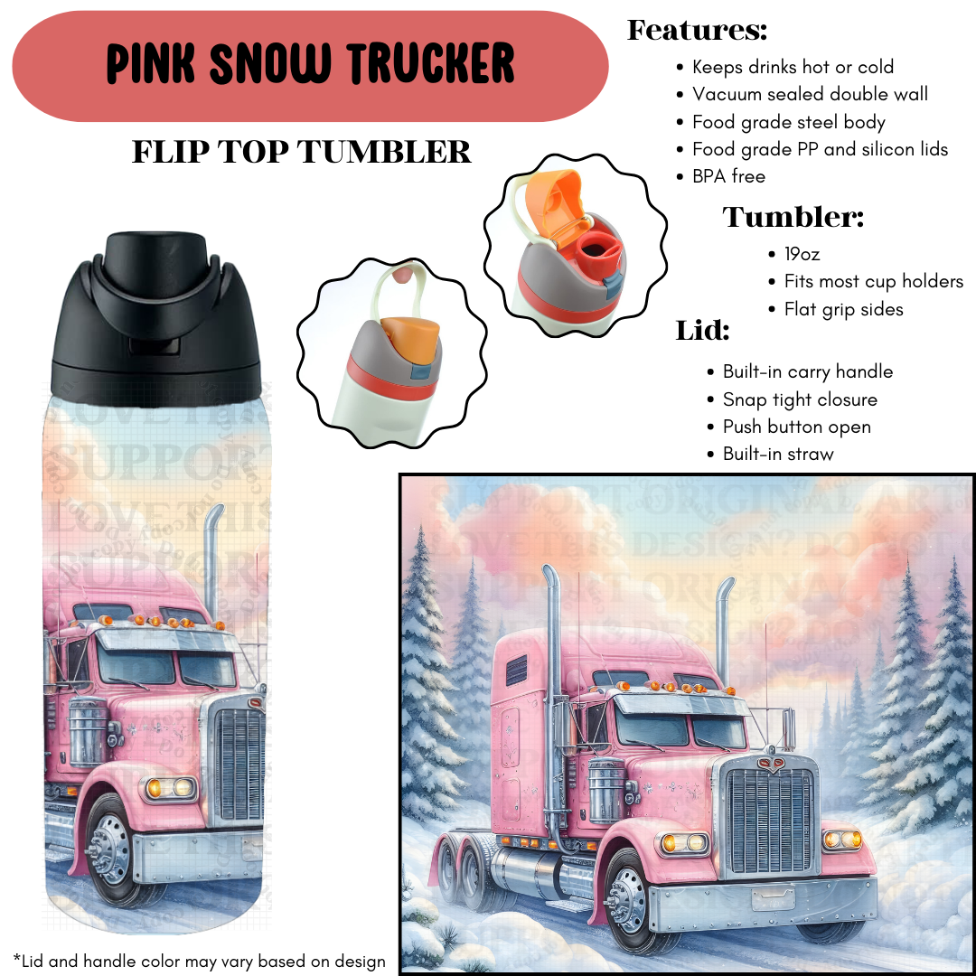 Preorder! Closes 9/18. ETA Dec. Pink Snow Trucker Flip Top Tumbler