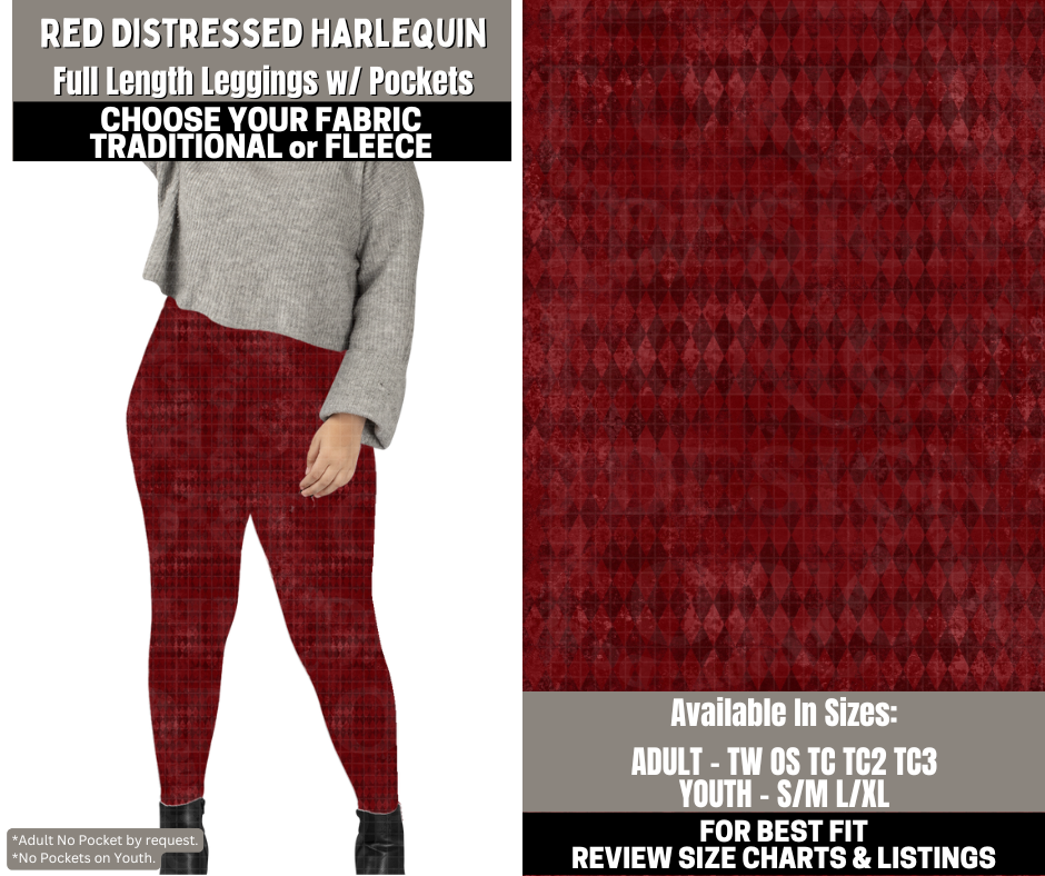 Preorder! Closes 12/1. ETA Feb. Red Distressed Harlequin Leggings Choose Fleece or Traditional