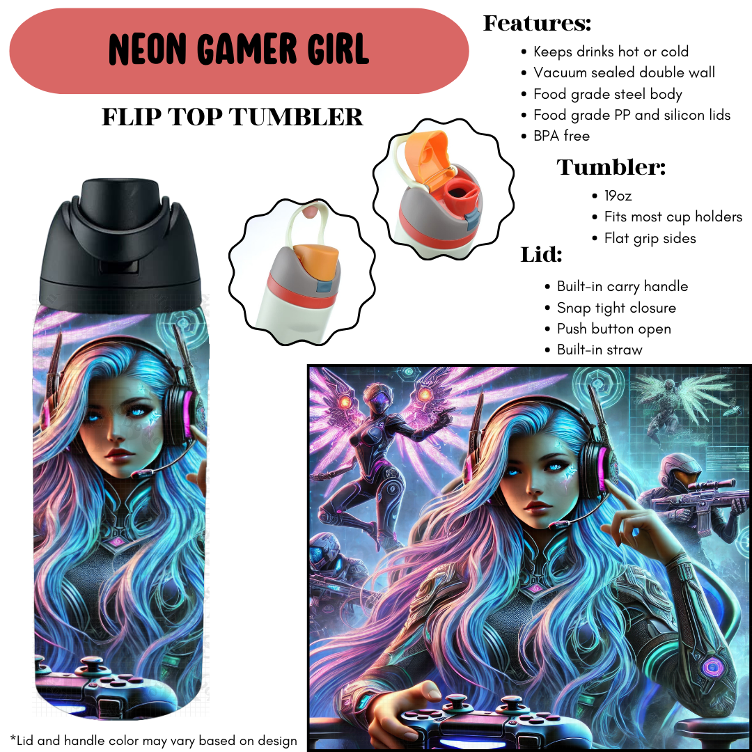 Preorder! Closes 9/18. ETA Dec. Neon Gamer Girl Cup Flip Top Tumbler