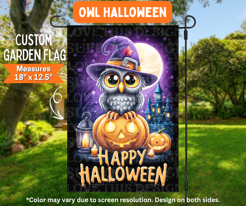 Preorder! Closes 7/6. ETA Oct. Owl Halloween Garden Flag