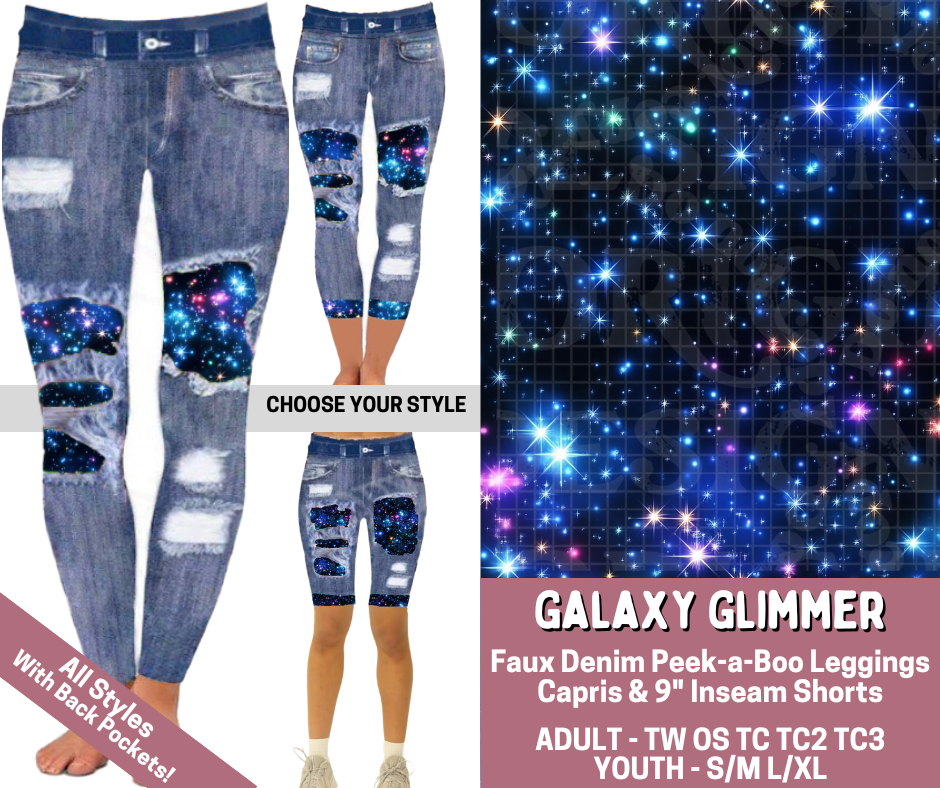 Preorder! Closes 6/4. ETA Sept. Galaxy Glimmer Combo Faux Denim Peekaboo Legging Lengths