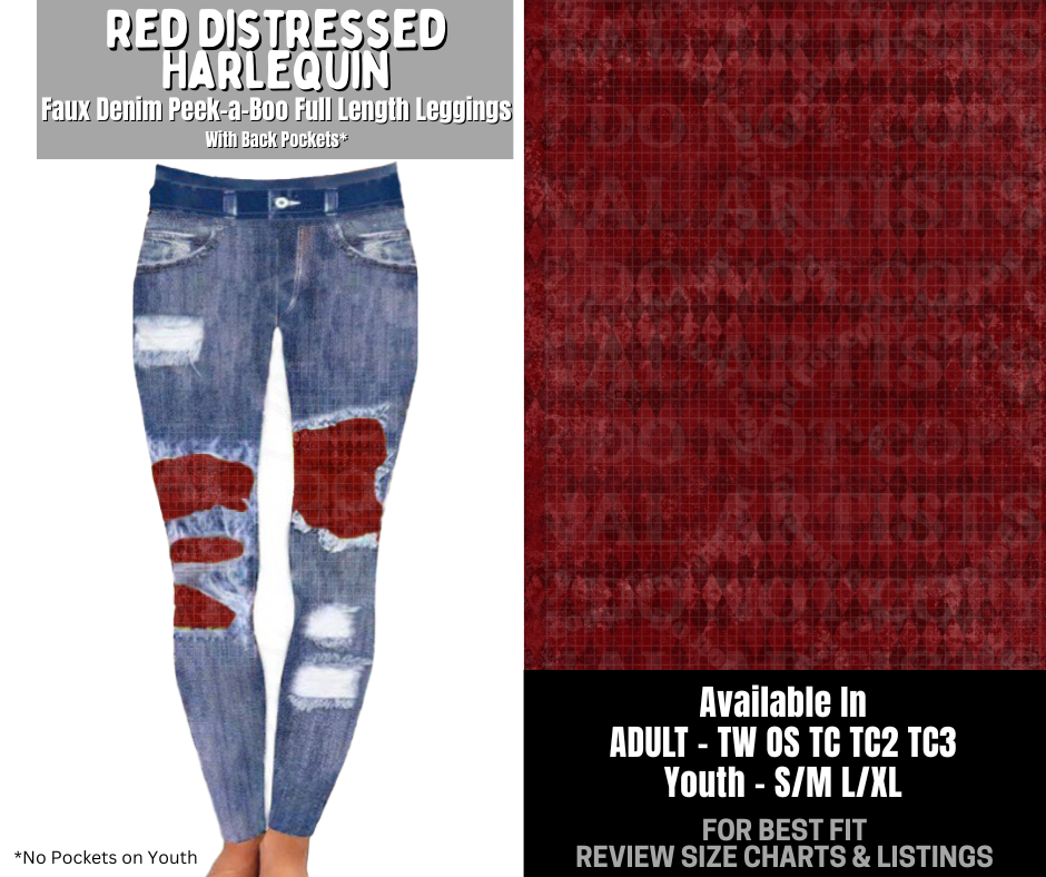 Preorder! Closes 12/3. ETA Feb. Red Distressed Harlequin Full Length Faux Denim Peekaboo