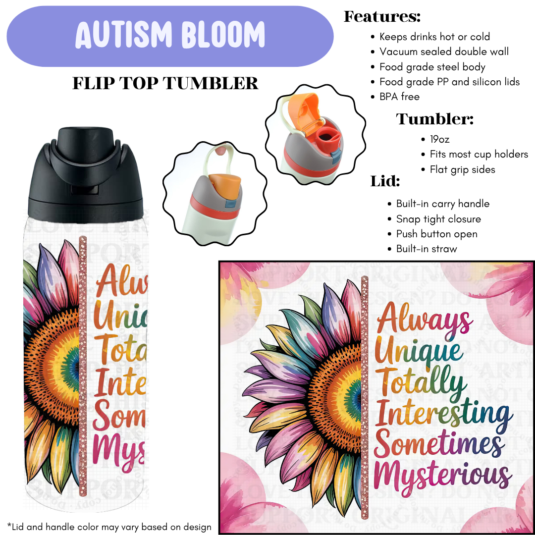 Preorder! Closes 12/11. ETA Feb. Autism Bloom Flip Top Tumbler