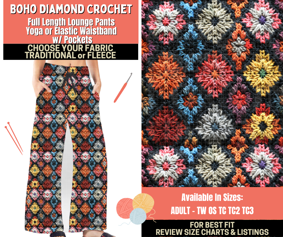 Preorder! Closes 10/1. ETA Dec. Boho Diamond Crochet Lounge Pants Choose Fleece or Traditional