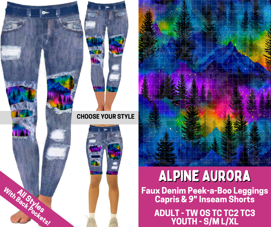 Preorder! Closes 6/18. ETA Sept. Alpine Aurora Combo Faux Denim Peekaboo Legging Lengths