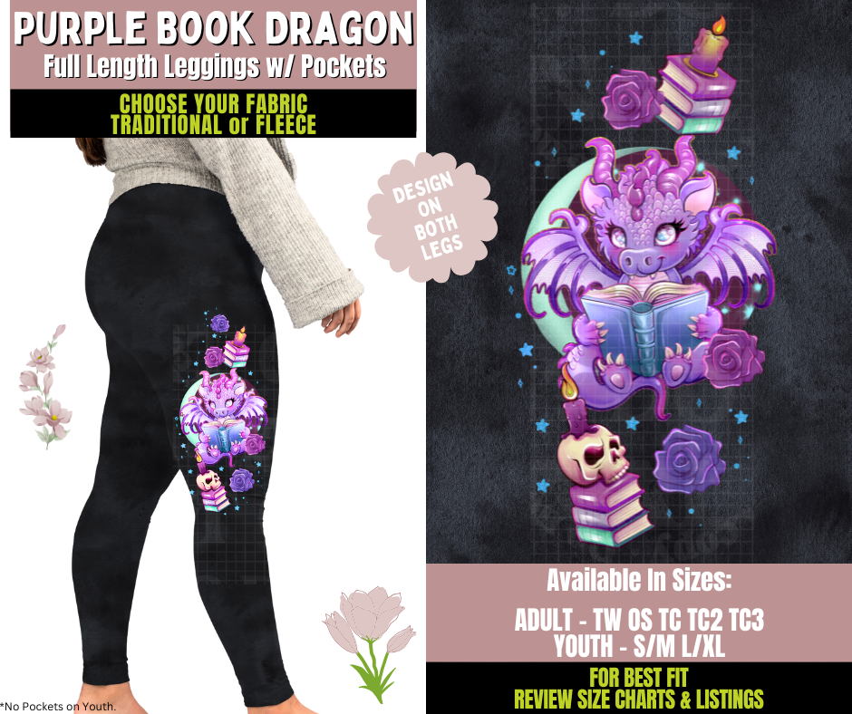 Preorder! Closes 10/8. ETA Dec. Purple Book Dragon Watercolor Leggings w/ Side Leg Designs Choose Fleece or Traditional