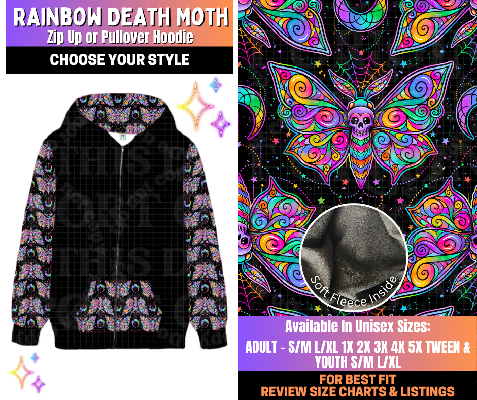 Preorder! Closes 12/10. ETA March. Rainbow Death Moth Zip-Up or Pullover Hoodie