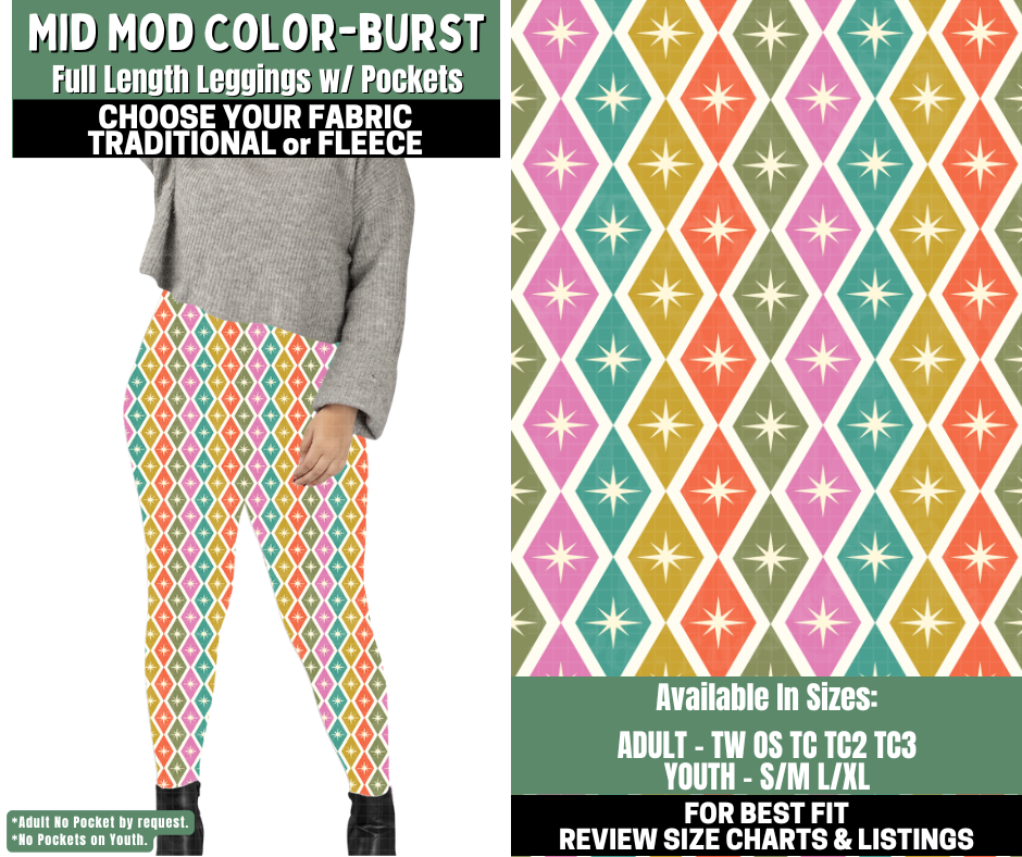 Preorder! Closes 12/4. ETA Feb. Mid Mod Color-Burst Leggings Choose Fleece or Traditional