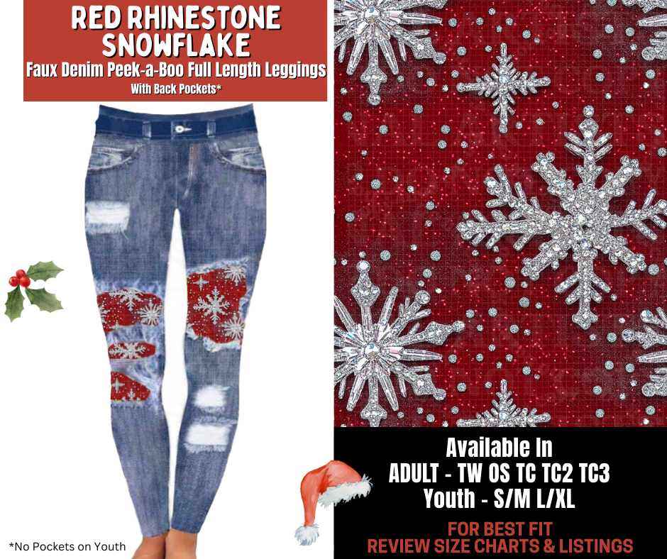 Preorder! Closes 9/24. ETA Dec. Red Rhinestone Snowflake Full Length Faux Denim Peekaboo