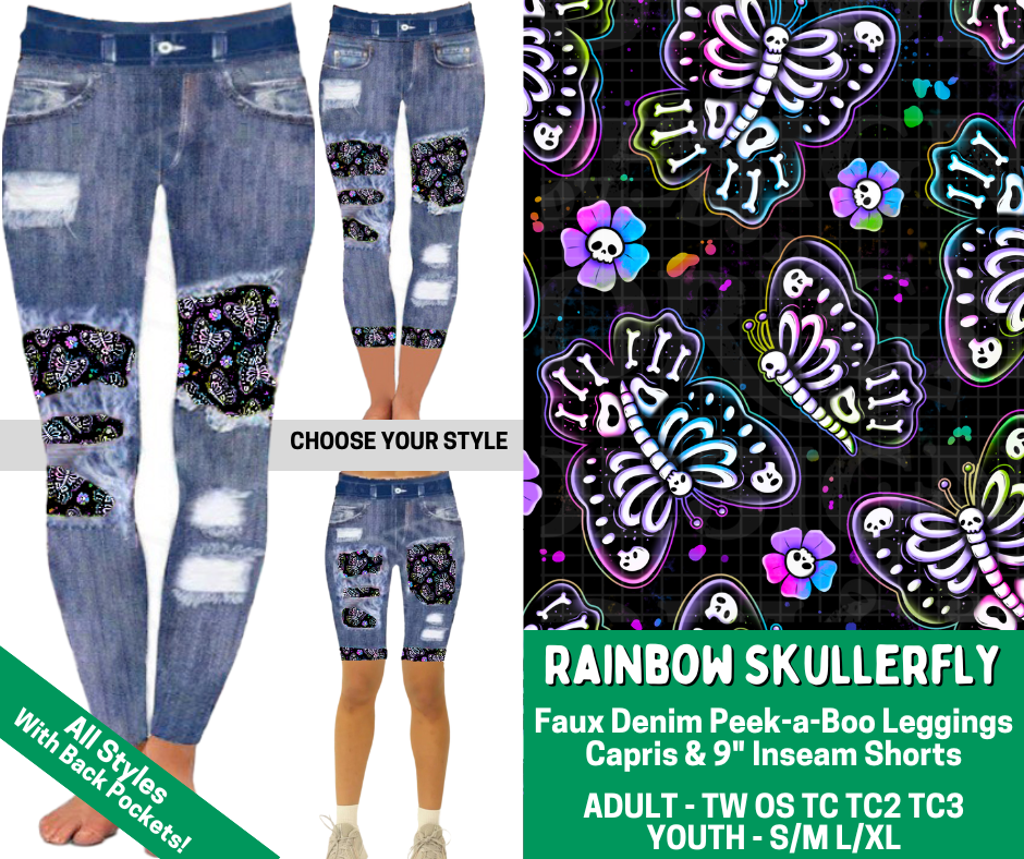 Preorder! Closes 2/18. ETA May. Rainbow Skullerfly Combo Faux Denim Peekaboo Legging Lengths