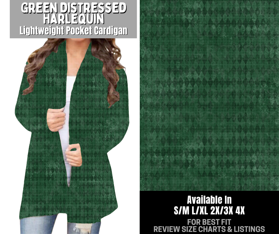 Preorder! Closes 12/3. ETA Feb. Green Distressed Harlequin Pocket Cardigan